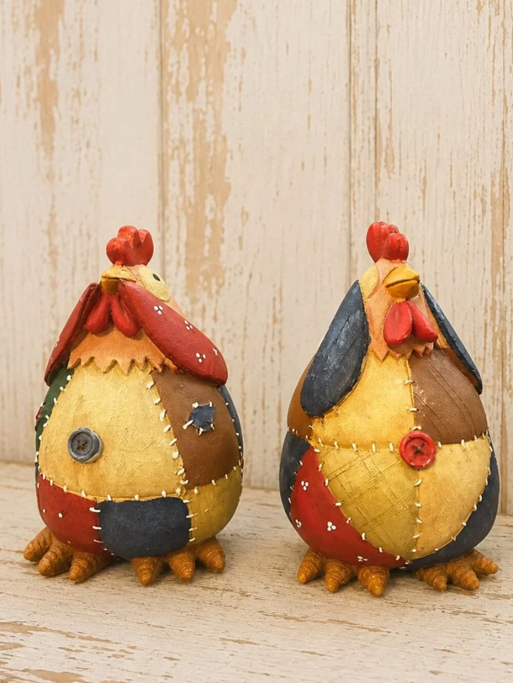 Set of 2 Vintage Roseluo Style Patchwork Primitive Rooster Collectible Figurines